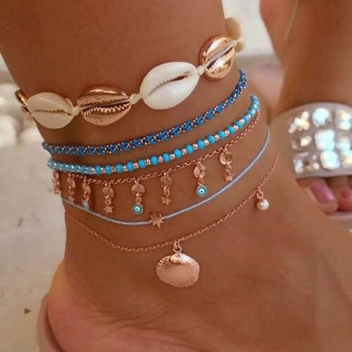 Docona Bohemia Shell Evil Eye Star Charm Anklets for Women Elastic Strand Beaded Chain Anklet Beach Jewelry Tobilleras