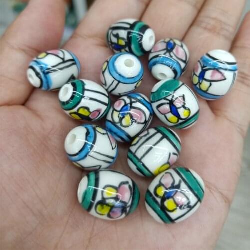 5pcs Hand Painted Butterfly Rice Shape Ceramic Beads 14x17mm Loose DIY Spacer Ceramics Barrel Bead For Jewelry Making Bracelet