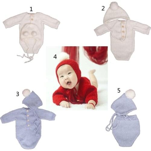 T5EC Crochet Mohair Baby Clothes Newborn Photography Props Girls Boys Hats Romper Set