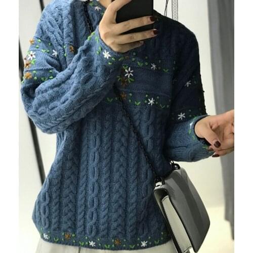 Jumper Hot Sale Microfiber Sweater Women 2019 Winter New Pullover Female Forest Hand-embroidered Round Neck Loose Sweater Woman