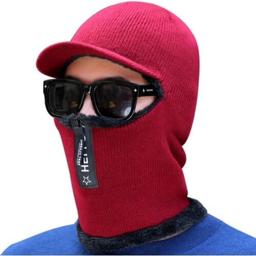 Hot Men Winter Knitted Hat With Zipper New Add Fur Lined Warm Brim Winter Hats For Men Keep Face Ear Warm Balaclava Cap