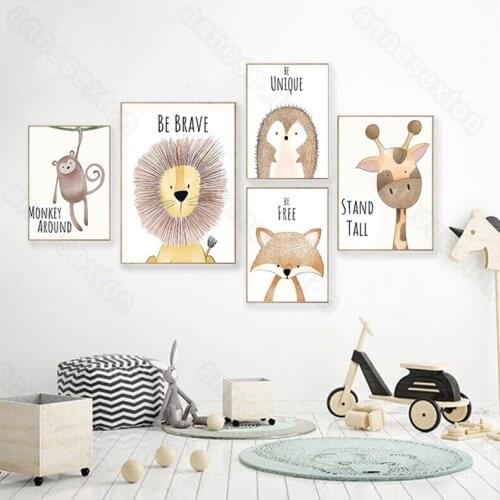 Cartoon Animals Pictures Deer Lion Tiger Fox Monkey and Quotas Modern Style Canvas Painting Poster for Nursery Rooms Wall Decora