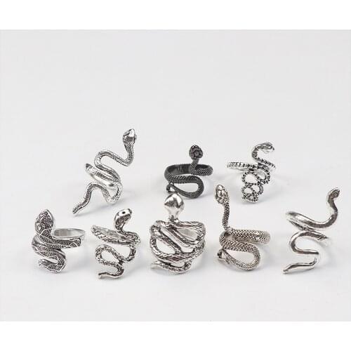10pcs/lot Men Retro Punk Snake Rings For Women Antique Siver Color Opening Adjustable Jewelry Party Gifts