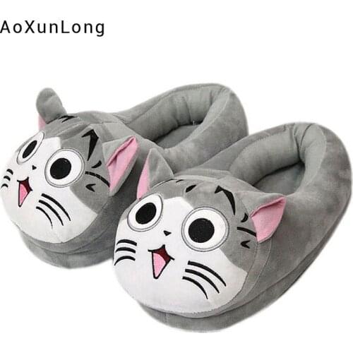 Fashion Cartoon Cat Plush Slippers Women Winter Home Warm Cute Slides Shoes Girls Indoor EVA Soled Flat Fluffy Cotton Slippers