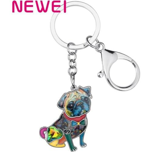 NEWEI Enamel Alloy Rhinestone Bulldog Pug Dog Key chains Rings Car Purse Bag Animal Keychain For Women Girl Men Decoration Gift