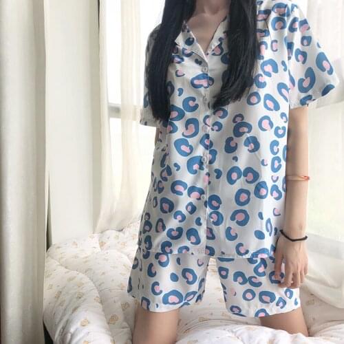 New blue Leopard Grain Nightwear Women Chiffon printing pajamas Set Sexy Lingerie Sleepwear Summer Soft Female thin Homewear