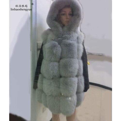 Linhaoshengyue Real Natural Fox Fur Coat with Hood
