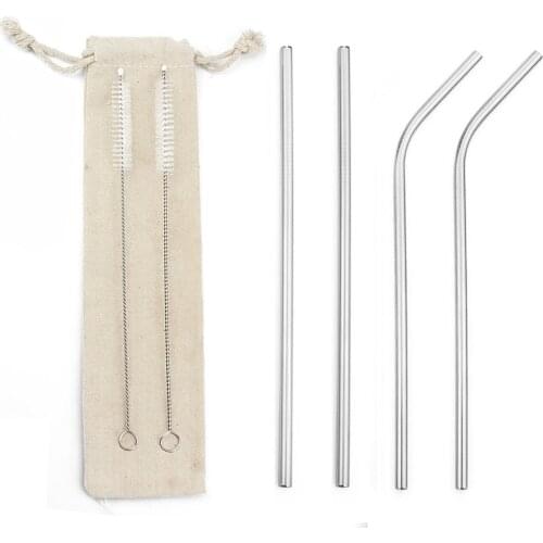 Reusable Metal Drinking Straws Food Grade 304 Stainless Steel Bent Straight Silver Drinks Straw Bar Party Wholesale with Pouch