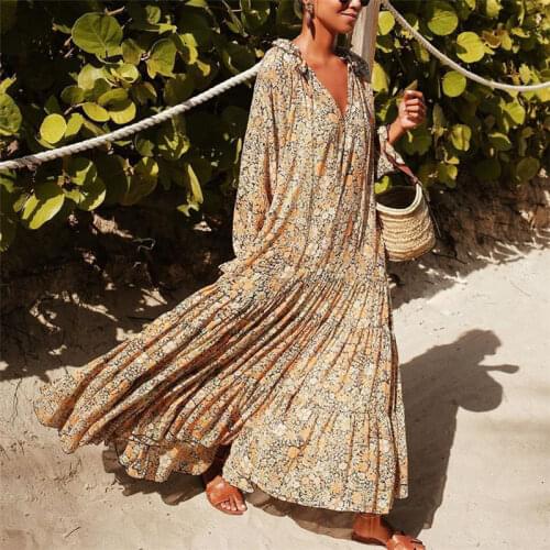 Boho Style Floral Printed Maxi Beach Dress Spring New European American Fashion V-neck Loose Casual Dress Plus Size Long Dresses