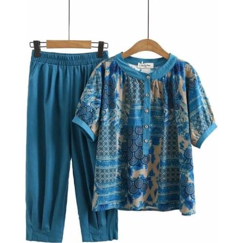 Plus Size Womens 2pieces Summer Sets Short Sleeve Printed Tops + Elastic Waist Cropped Pants Suits