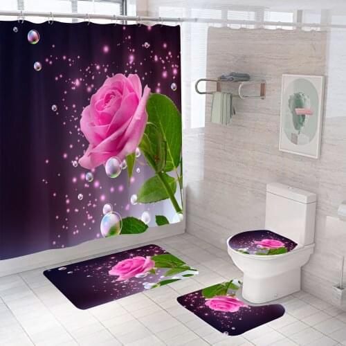 Pink Rose Shower Curtain Fantasy Modern Bathroom Set Fashion Pattern Bath Curtains Non Slip Toilet Cover Floor And Mat Rug Sets
