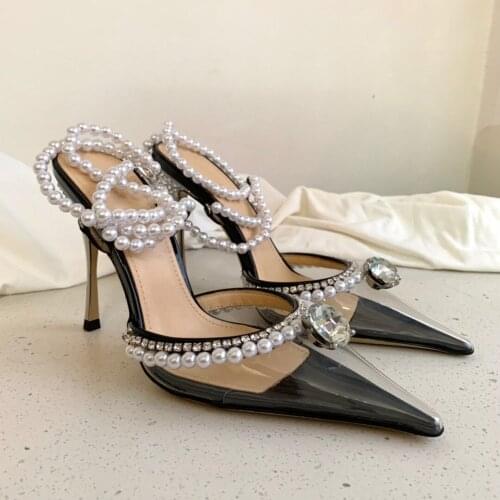 High heel pearl chain PVC transparent sandals bow high heels crystal fairy princess sandals leather outsole 10cm stiletto heels
