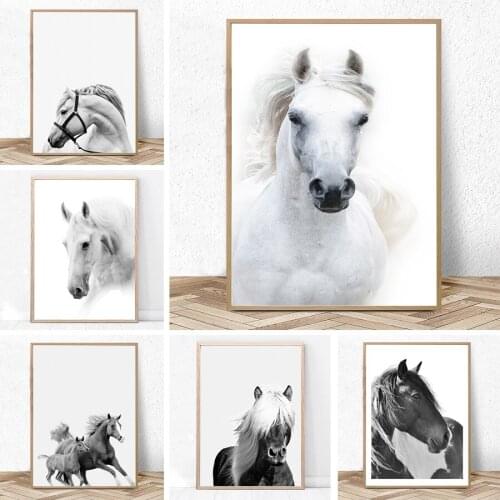 Modern Minimalist Oil Painting Canvas Black and White Gray Black Horse White Horse Porch Horse Poster Home Decoration Painting
