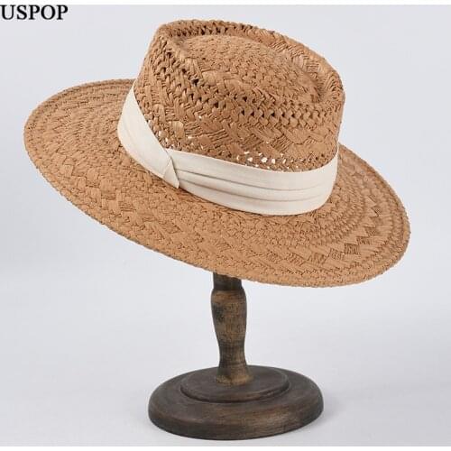 USPOP Womens summer hand-woven Panama straw hat male concave top hat sun hat breathable beach hat