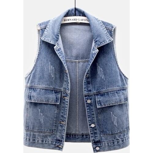 Spring Loose Short Denim Vest Women Big Pocket Waistcoat Casual Sleeveless Jacket Korean Vintage Blue Frayed Jeans Vest Female