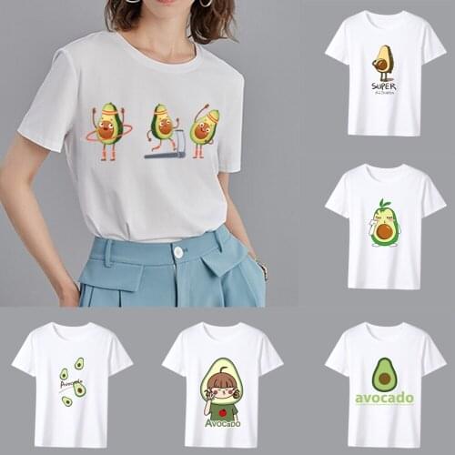 Womens Tshirts Summer VOGUET All-match White Print Lady Tee Cute Avocado Pattern Series O-neck Short Sleeve Tops Female Clothes