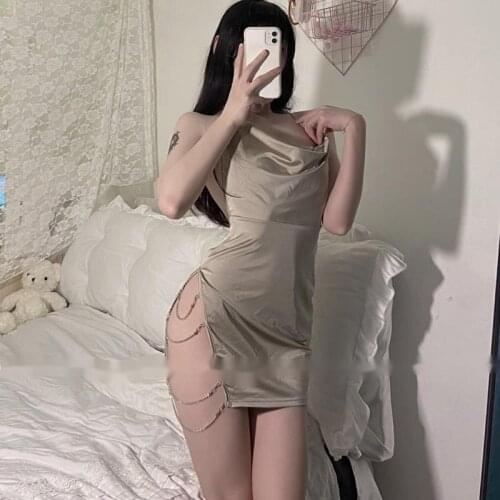 Backless Temptation Of Diamond Sling Dress Open Back Sexy Pajamas Fun Nightdress Woman Sheath Buttocks Split Fork Tease KW27
