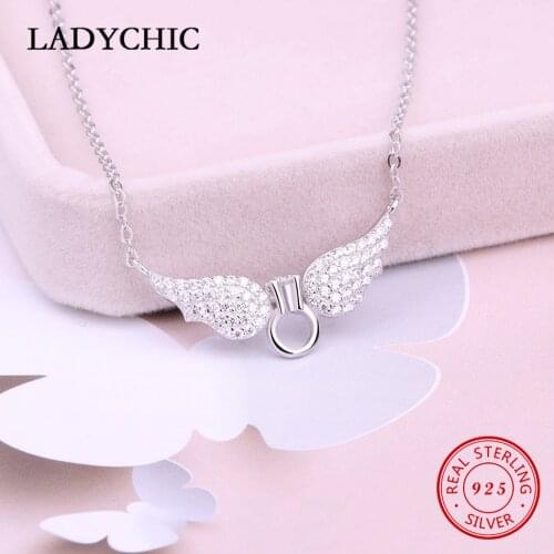 LADYCHIC 100% 925 Sterling Silver Angel Wings Pendant Necklaces Romantic Classic Crystal Jewelry for Women Wedding Chain LNS1024