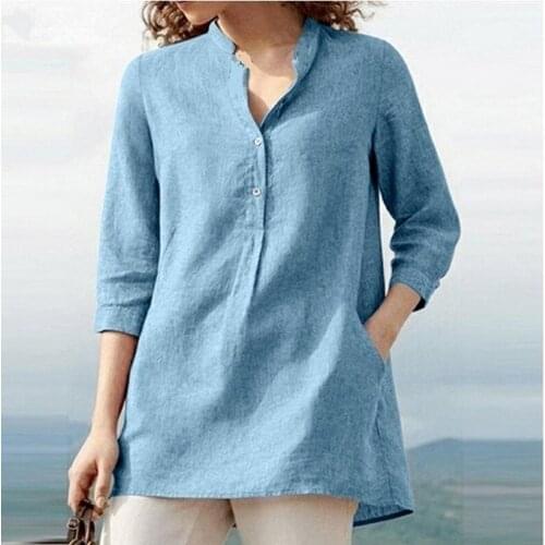 Womens shirts 2021 Summer Autumn Womens Solid Color Three-quarter Sleeves Stand-up Collar Cotton Linen Casual Pullover S-5XL