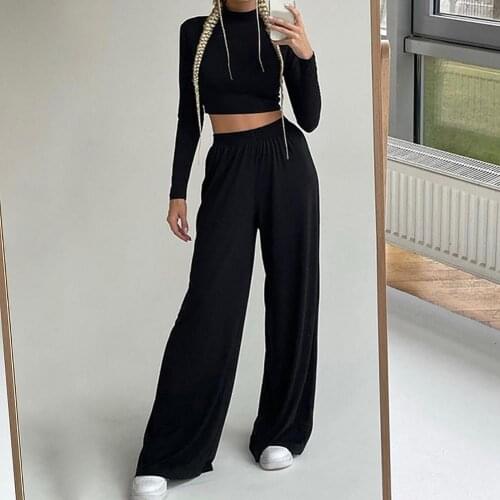 Women Two Piece Wide Leg Pant Set And Crop Top Autumn Casual Elegant Turtleneck Minimalist Classic Outfit Female 2021