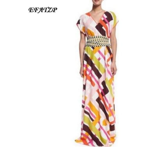 New 2017 Luxury Brands Designer Dress Womens Short sleeve Colorful Geometry Print XXL Stretch Jersey Silk Spandex Maxi Dress