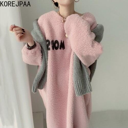 Korejpaa Women Dress 2021 Autumn Korean Sweet Temperament Ladies Round Neck Letter Patch Loose Long-Sleeved Lamb Wool Vestidos