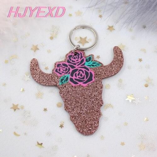 1piece)76mm Coffee Glitter Acrylic Bull Skull Keychain 3inches Flower Monogram Keychain With Ring Laser Cutout-KC019