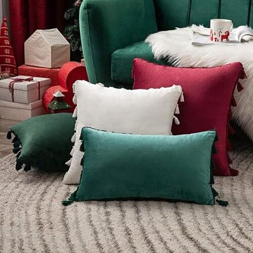 2 Pack Burgundy Velvet Soft Throw Pillow Cover with Tassels Fringe Boho Accent Cushion Case for Christmas Couch