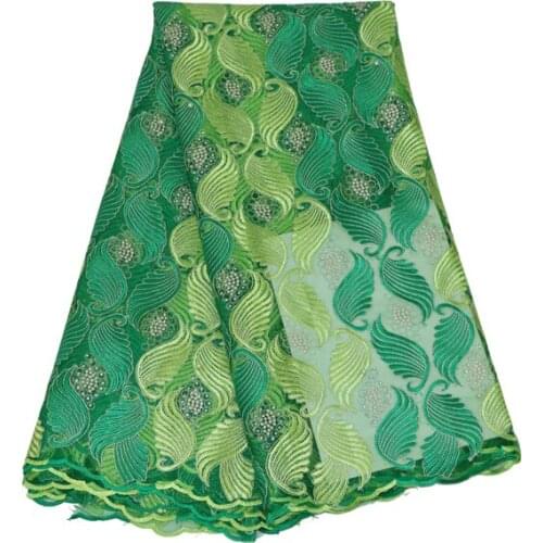 2016 High-end Stones Green French Lace Fabric High Quality African Tulle Lace Fabric Embroidered Leaf Net Guipure For Wedding