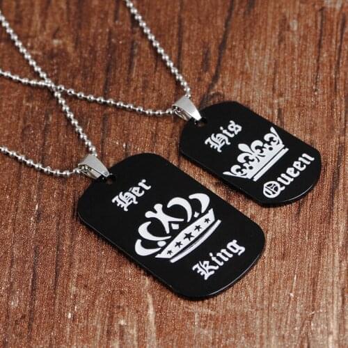 24 Pcs/Lot Her King & His Queen Free Engrave Lovers Pendant Customize Black Dog Tag Charm Necklace Jewelry Bulk Wholesale
