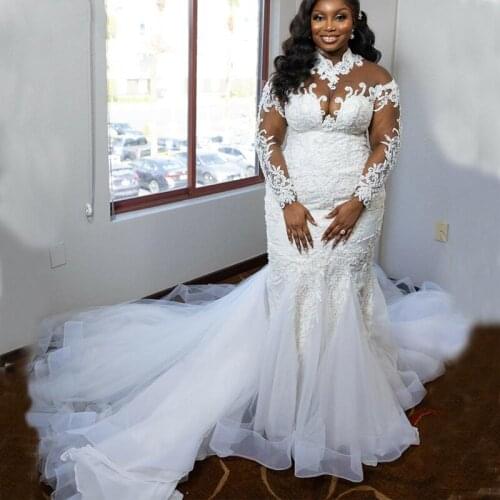 White Lace High Neck Mermaid Wedding Dresses South African Plus Size Sheer Long Sleeves Bridal Gowns Tulle Train Wedding Vestido