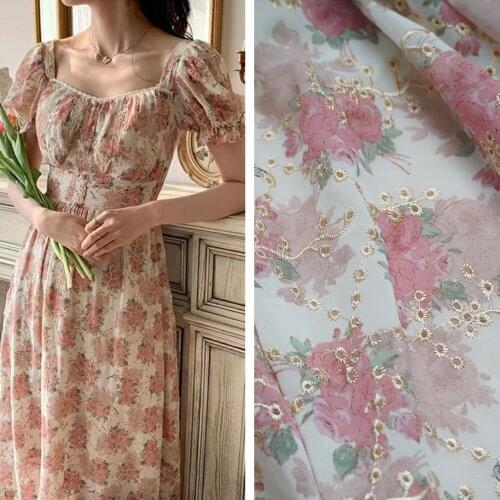 Colorful rose floral chiffon Jacquard print floral chiffon fabric eyelet fabric for summer dress sewing material girl shirt