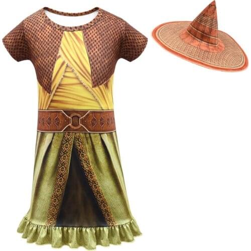 Kid Raya Cosplay Costumes The Last Dragon Cos Set Short Sleeves Dresses Hat 2Pcs Set Girl Halloween Anime Cosplay Costumes