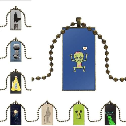 For Women Funny Alien Drawings Of Aliens Glass Cabochon Pendant Necklace Rectangle Fashion Necklace