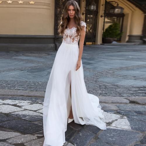 Fashion Scoop Cap Sleeves Chiffon Beach Wedding Dress with Beading See Through Side Slit Boho Bridal Gown 2020