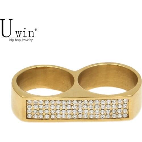 UWIN Mens Hip Hop Cool Two Finger Iced Bling Rhinestone Stainless Steel Gold color Ring Fashion Party Jewelry Size 9 and 10