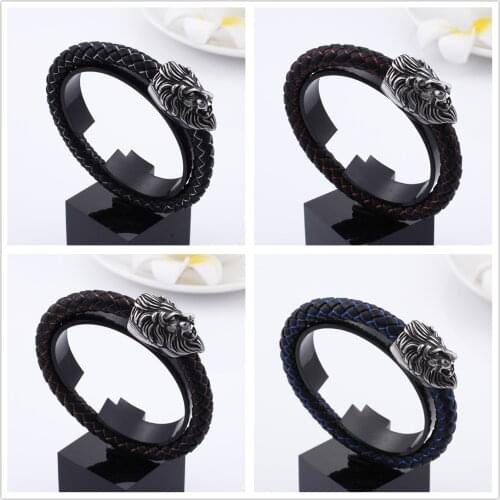 Fashion 316L Stainless Steel Lion Head Red/Orange/Blue/White Black leather braid Chain Mens Bracelet Bangle 8.66inch 13mm Wide