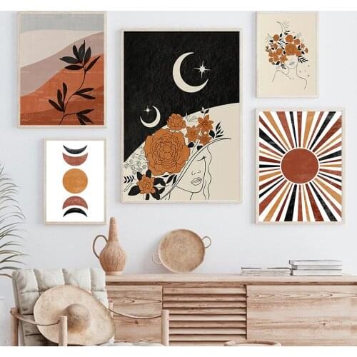 Boho Flower Moon Women Hamsa Terracotta Wall Art Canvas Painting Nordic Posters And Prints Wall Pictures For Living Room Decor