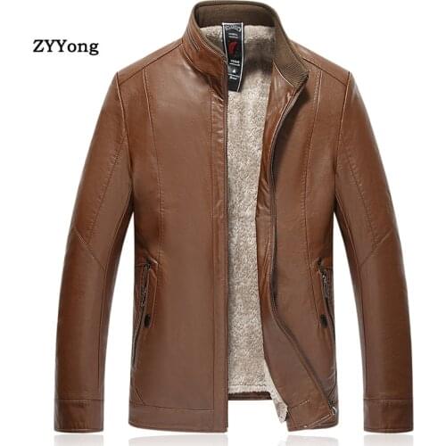 2020 New Winter Plus Velvet Leather Jacket Men Black Brown Solid Mens Faux Loose Fit middle Aged Business Size L-7XL
