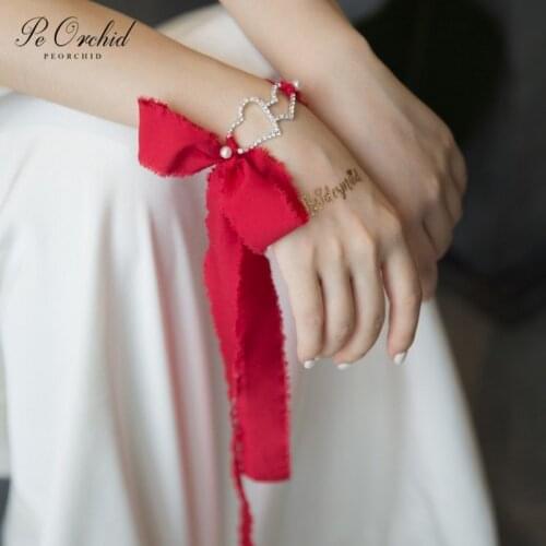 PEORCHID Silk Ribbon Red Team Bride Bracelet With Beads Pearls Bridesmaid Wrist flower Bracelet Wedding Accsesories Party Gift
