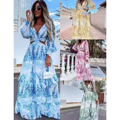 Boho Dress Women Summer New Long-sleeved Printing Hollow Out Long Dress V-Neck A-LINE Sexy Dress for Women Lugentolo