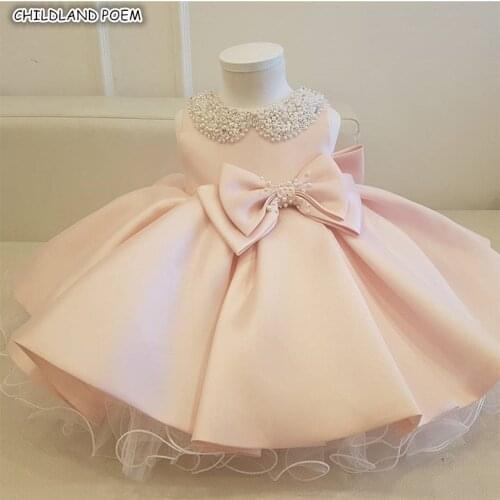 Baby Girl Dresses For Party And Wedding Beaded Bow Princess Baby Girls Tulle Baptism Christening 1st Birthday Princess Ball Gown