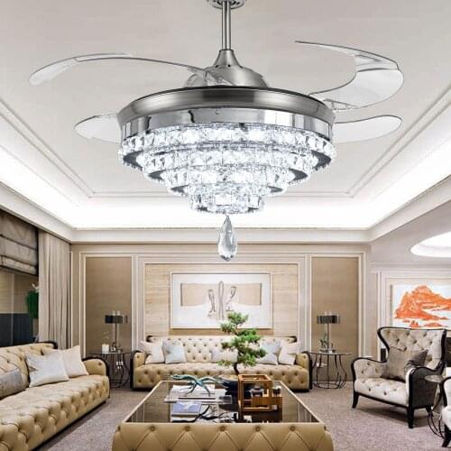 YEELED Light 42" Fandelier Retractable Ceiling fans with Lights and Remote Invisible Crystal Chandelier Fan for Indoor