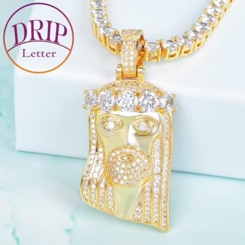 Religious Jesus Head Pendant Iced Necklace 4mm Tennis Chain Gold Color Bling Cubic Zircon Mens Hip Hop Jewelry For Gift