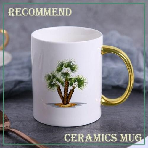 Luxury Palm tree Pattern Cup golden Handgrip Mug Gift Box Coffee Mug Couple Ceramic Wedding Bridal Lovers Gifts KTZW-023
