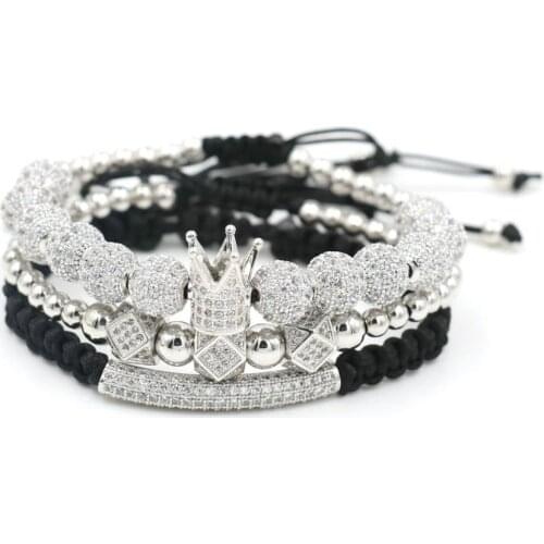 3pcs/Set Luxury Crown Bracelet Men Hip Hop Silver Color Micro Pave CZ Ball Charm Bracelets For Women Couples Pulseira Bileklik
