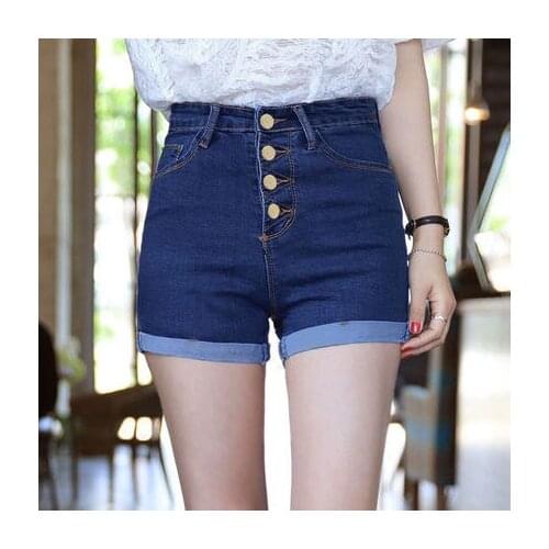 Shorts Women College Winds Fashion Feminino 4 Buttons High Waist Retro Solid Color Slim Elastic Blue Fitness Denim Womens Short