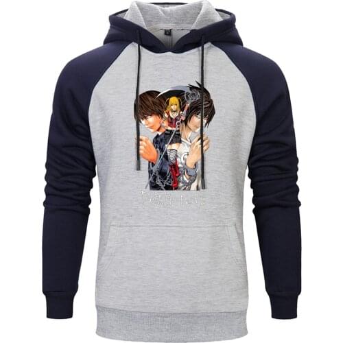 Death Note Print Raglan Hoody Mens Casual Hip Hop Clothing Standard Leisure Tops Pullovers Retro Long Sleeve Moletom Masculino