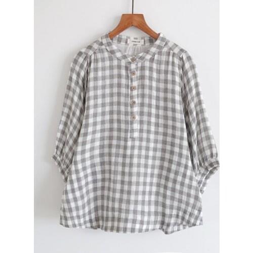Contracted Japanese Small Grid Double Yarn Show Thin Coat Loose Bat Sleeve Cotton Shirt Female 7 Minutes Of Sleeve Blouses