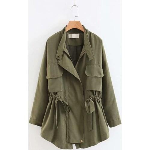 Spring Autumn Womens Thin Top Mid-length Lace-up Drawstring Loose Windbreaker Trench